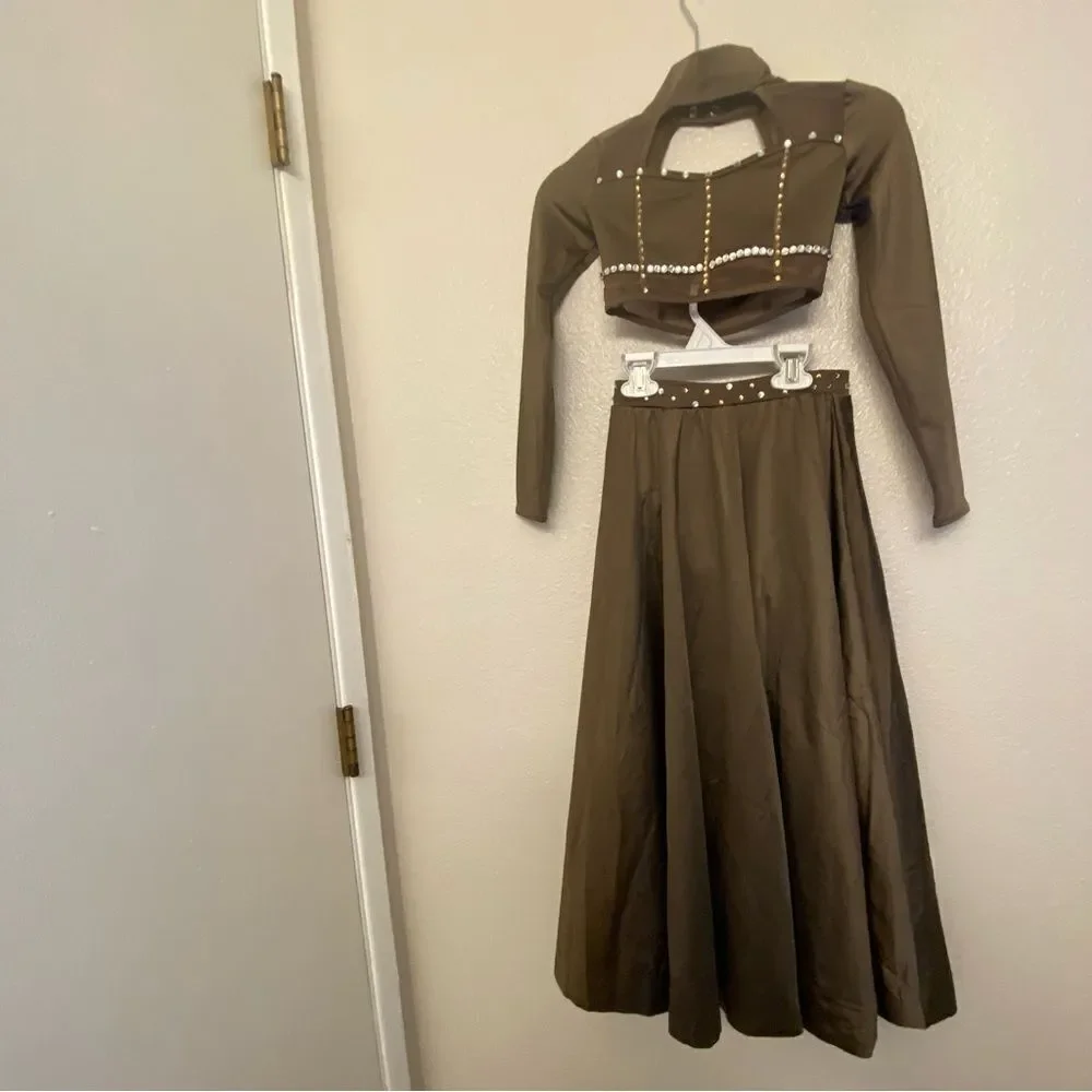 Weissman custom solo dance costume 2 piece brown maxi skirt caged top SH12603 IC